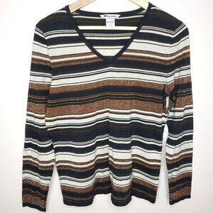 Womens Vtg 90s Brown Gold Black Striped Sweater Silk Blend Metallic Sz Large Y2K